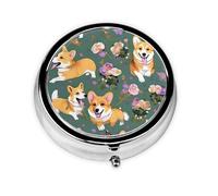 Portable 3-Compartment Pill Box - Round Daily Medicine Organizer for Pocket or Purse, Corgi Floral Flowers Ideal for Morning, Noon & Evening Doses