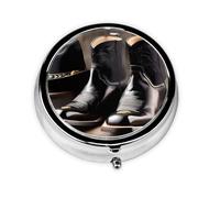 Portable 3-Compartment Pill Box - Round Daily Medicine Organizer for Pocket or Purse, Cowboy Black Hat Western Boots Ideal for Morning, Noon & Evening Doses