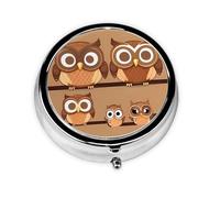 Portable 3-Compartment Pill Box - Round Daily Medicine Organizer for Pocket or Purse, Cute Big Brown Cartoon Owls Ideal for Morning, Noon & Evening Doses