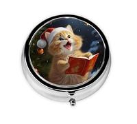 Portable 3-Compartment Pill Box - Round Daily Medicine Organizer for Pocket or Purse, Cute Cat Sing Christmas Carols Ideal for Morning, Noon & Evening Doses