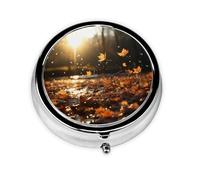 Portable 3-Compartment Pill Box - Round Daily Medicine Organizer for Pocket or Purse, Fallen Leaves Flying Ideal for Morning, Noon & Evening Doses