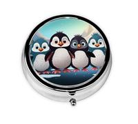 Portable 3-Compartment Pill Box - Round Daily Medicine Organizer for Pocket or Purse, Five Cute Penguins Ideal for Morning, Noon & Evening Doses