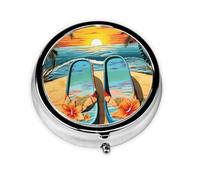 Portable 3-Compartment Pill Box - Round Daily Medicine Organizer for Pocket or Purse, Flip Flops and Tropical Beach Scene Ideal for Morning, Noon & Evening Doses