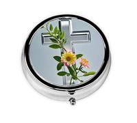 Portable 3-Compartment Pill Box - Round Daily Medicine Organizer for Pocket or Purse, Flower Branches on the Cross Ideal for Morning, Noon & Evening Doses