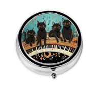 Portable 3-Compartment Pill Box - Round Daily Medicine Organizer for Pocket or Purse, Four Black Cats Lying on the Piano Keyboard Ideal for Morning, Noon & Evening Doses