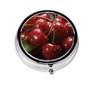 Portable 3-Compartment Pill Box - Round Daily Medicine Organizer for Pocket or Purse, Fresh red Cherries Ideal for Morning, Noon & Evening Doses