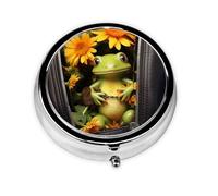 Portable 3-Compartment Pill Box - Round Daily Medicine Organizer for Pocket or Purse, Frog Sitting Inside Zipper with Flowers Inside Ideal for Morning, Noon & Evening Doses