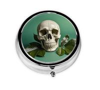 Portable 3-Compartment Pill Box - Round Daily Medicine Organizer for Pocket or Purse, Green Background Skull and Leaves Ideal for Morning, Noon & Evening Doses