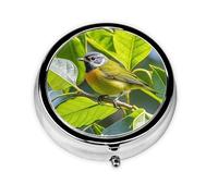 Portable 3-Compartment Pill Box - Round Daily Medicine Organizer for Pocket or Purse, Green Leaves and Birds Ideal for Morning, Noon & Evening Doses