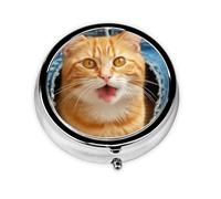 Portable 3-Compartment Pill Box - Round Daily Medicine Organizer for Pocket or Purse, Orange cat Sticking Out Tongue Ideal for Morning, Noon & Evening Doses