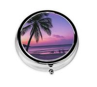 Portable 3-Compartment Pill Box - Round Daily Medicine Organizer for Pocket or Purse, Palm Tree Purple Sun Ideal for Morning, Noon & Evening Doses