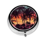Portable 3-Compartment Pill Box - Round Daily Medicine Organizer for Pocket or Purse, Palm Trees at Sunset Ideal for Morning, Noon & Evening Doses