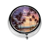 Portable 3-Compartment Pill Box - Round Daily Medicine Organizer for Pocket or Purse, Palm Trees Landscape Ideal for Morning, Noon & Evening Doses