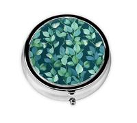 Portable 3-Compartment Pill Box - Round Daily Medicine Organizer for Pocket or Purse, Pattern with Green Leaves on Blue Background Ideal for Morning, Noon & Evening Doses