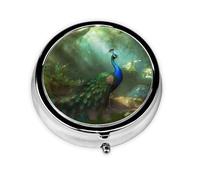 Portable 3-Compartment Pill Box - Round Daily Medicine Organizer for Pocket or Purse, Peacock in Forest Ideal for Morning, Noon & Evening Doses
