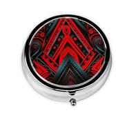 Portable 3-Compartment Pill Box - Round Daily Medicine Organizer for Pocket or Purse, Red and Black Ethnic Pattern on Black Background Ideal for Morning, Noon & Evening Doses