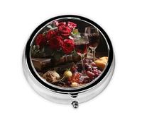 Portable 3-Compartment Pill Box - Round Daily Medicine Organizer for Pocket or Purse, Red Roses and red Wine Ideal for Morning, Noon & Evening Doses