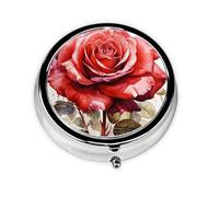 Portable 3-Compartment Pill Box - Round Daily Medicine Organizer for Pocket or Purse, Red Watercolor Rose Flower Ideal for Morning, Noon & Evening Doses