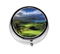 Portable 3-Compartment Pill Box - Round Daily Medicine Organizer for Pocket or Purse, Scenic Hawaii Golf Tropical Ideal for Morning, Noon & Evening Doses