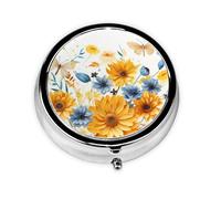 Portable 3-Compartment Pill Box - Round Daily Medicine Organizer for Pocket or Purse, Sunflowers and Dragonflies on White Background Ideal for Morning, Noon & Evening Doses
