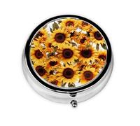 Portable 3-Compartment Pill Box - Round Daily Medicine Organizer for Pocket or Purse, Sunflowers on White Background Ideal for Morning, Noon & Evening Doses