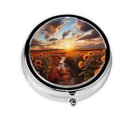 Portable 3-Compartment Pill Box - Round Daily Medicine Organizer for Pocket or Purse, Sunset Over Sunflower Field Ideal for Morning, Noon & Evening Doses