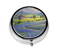 Portable 3-Compartment Pill Box - Round Daily Medicine Organizer for Pocket or Purse, Texas Bluebonnets Scenery Ideal for Morning, Noon & Evening Doses