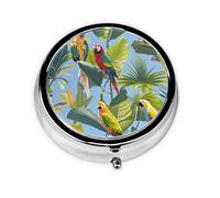 Portable 3-Compartment Pill Box - Round Daily Medicine Organizer for Pocket or Purse, Tropical Plants and Parrots Ideal for Morning, Noon & Evening Doses