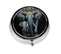 Portable 3-Compartment Pill Box - Round Daily Medicine Organizer for Pocket or Purse, Two Elephants on Black Background Two Elephants Ideal for Morning, Noon & Evening Doses