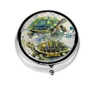 Portable 3-Compartment Pill Box - Round Daily Medicine Organizer for Pocket or Purse, Two Turtles Watercolor Splash Ideal for Morning, Noon & Evening Doses