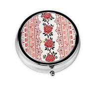 Portable 3-Compartment Pill Box - Round Daily Medicine Organizer for Pocket or Purse, Ukrainian Embroidery Style Rose Ideal for Morning, Noon & Evening Doses