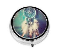 Portable 3-Compartment Pill Box - Round Daily Medicine Organizer for Pocket or Purse, White Dream Catcher Feather Ideal for Morning, Noon & Evening Doses