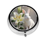 Portable 3-Compartment Pill Box - Round Daily Medicine Organizer for Pocket or Purse, White Rabbit and Lilies Ideal for Morning, Noon & Evening Doses