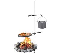 Portable 3-in-1 Campfire Grill Set - Heavy Duty Steel Swivel BBQ Grate with Round Grill Pan(13.4inch) & Cooking Net, Hooks & Carry Bag for Outdoor Open Flame Cooking, Camping, Garden Barbecue