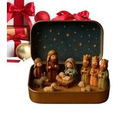 Portable 3D Scene Decoration Set With Resin Holy Family Sheep And Jesus Figurines, Mini Christmas Nativity Set In A Tin Box | Pocket Nativity Scene Carry The Story Of Christmas For Desk Home