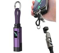 Portable 4 in 1 Digital Display Keychain Charger Cable, Short Braided USB C Fast Charging Phone Lanyard Data Cord, Multi-Interface (Type-C/USB-A/Lightning) Connector for Car and Office (Purple)
