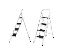 Portable 4 Step Ladder Compact Folding Design Easy Storage for Home Office Kitchen DIY Painting Anti-Slip Mat Steel Frame Ladder 150KG Max Load