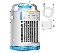 Portable 5-in-1 Air Cooler Fan,Dual Ice Mist Cooling,7-Color Light,12H Timer,Ultra-Quiet Mini AC for Home Office Desk Bedroom,UK Adapter & USB Cable