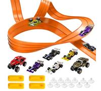 Portable 5m Flexible Race Car Track Set with 4 Cars & 2 Off-road Vehicles, Roll Up Race Car Track Compatible with Diecast 1/64th Cars, Attach to Windows Doors for Bumps Jumps Tunnels Loops