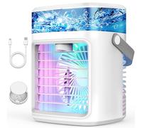Portable Air Conditioners, Rechargeable 4-IN-1 Evaporative Air Cooler Humidifier, 3-Speed Small Air Conditioner Fan, 2/4H Timer & 7 Color Lights Cordless AC Desktop Spray Fan for Home Office Outdoor