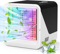 Portable Air Cooler, Mini Air Conditioner, 4-in-1 Personal Evaporative Air Cooler, 3 Wind Speed Desktop Cooler Fan, Portable Air Conditioner with 7 Colours LED Lights, Suitable for Home Office Room