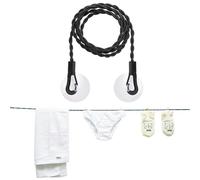 Portable Anywhere Clothesline.Extends to 2.5m with strong suction cups & hooks for instant setup. Stretch, hang, dry-perfect for travel, camping, and home use. Pack light, stay fresh.