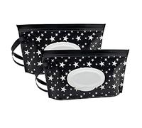 Portable Baby Wet Wipe Pouch Bags, Reusable & Refillable Wipes Dispenser, Eco Friendly & Lightweight Travel Wet Wipe Holder (2 Pack, Black Star)