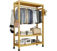 Portable Bamboo Clothes Rack on Wheels, Free Standing Open Wardrobe Closet with 2-Tier Storage Shelves & Top Rod for Hanging Garments, Ideal for Bedroom & Entryway