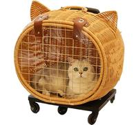 Portable Bamboo Woven Pet Carrier with Wheels, Handmade Rattan Weaving Trolley for Outdoor Travel with Cats and Small Dogs