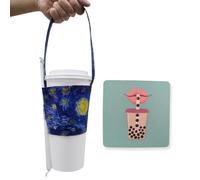 Portable Beverage Cup Foldable Holder Carrier (2 PCs Set), Tainada Reusable Drink Sleeve Handle Carry Strap for Coffee, Bubble Tea, Hot & Cold Drink with Integrated Straw Holder (Starry Night)