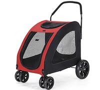Portable Big Pet Stroller,3 in 1 Foldable Travel Dog Buggy Pushchair with 360° Rotation Front Wheel Pet Travel Stroller/Breathable Design on All Sides,with Foot Brake System (red)