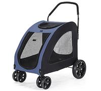 Portable Big Pet Stroller,3 in 1 Foldable Travel Dog Buggy Pushchair with 360° Rotation Front Wheel Pet Travel Stroller/Breathable Design on All Sides,with Foot Brake System (Blue)
