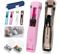 Portable Binder Clip Stapler - Includes 100 Reusable Clips, Handheld Paper Clam Clip Dispenser, Mini Push Stapler Clamp Staplers, Refillable Office Staplers Set, for Fixing Documents (D)