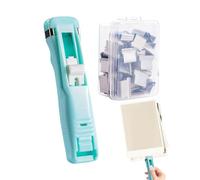 Portable Binder Clip Stapler, One-Handed Paper Clips Fastener with 50 Reusable & Built-in Storage, Compact Push Clip Stapler Office Stationery Supplies for Home School Desk Organisat